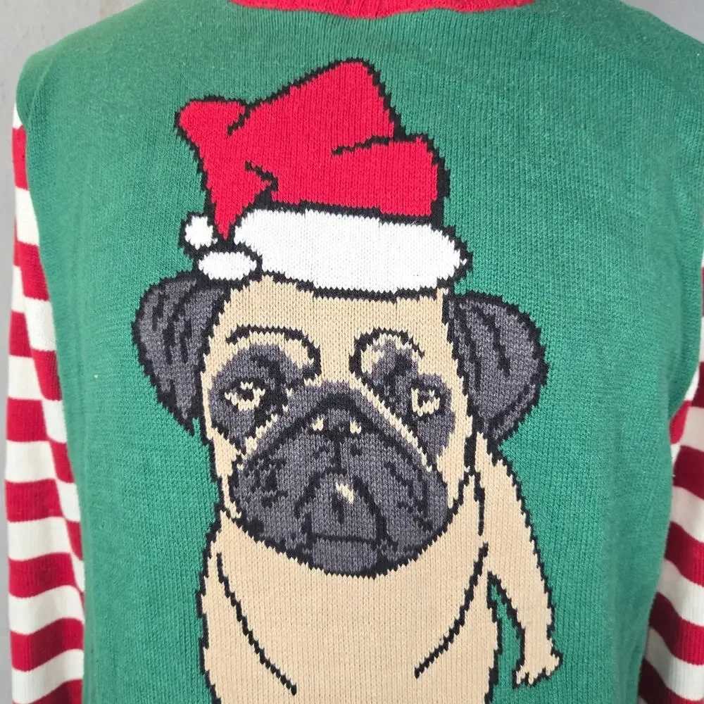 Ugly Christmas Sweater XL Pug Puppy Dog Santa‎ hat Green Striped Holiday Funny